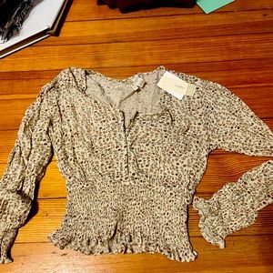 XS Beige Floral Long Sleeve Top
